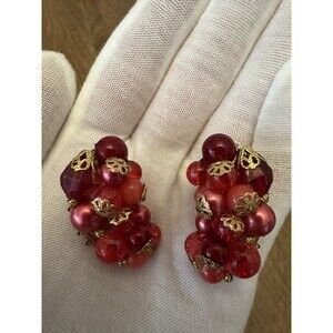 Vintage Clip On Earrings Pink Tones Large Cluster Gold Tone Ornate Backing